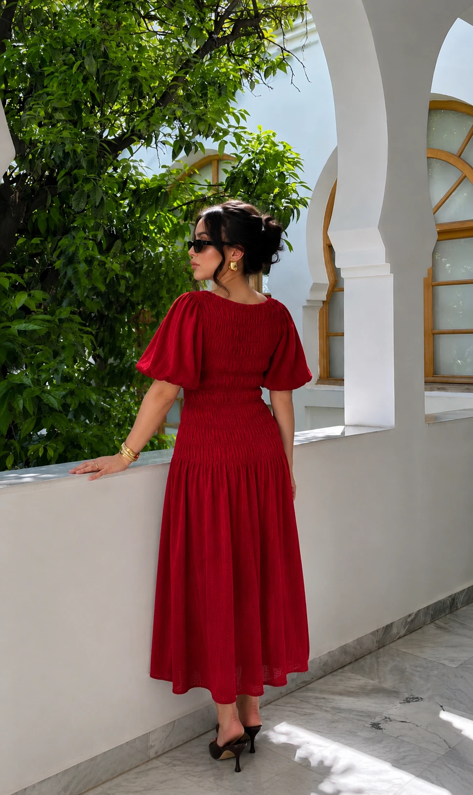 Robe smockée à manches bouffantes - Rouge  - 2