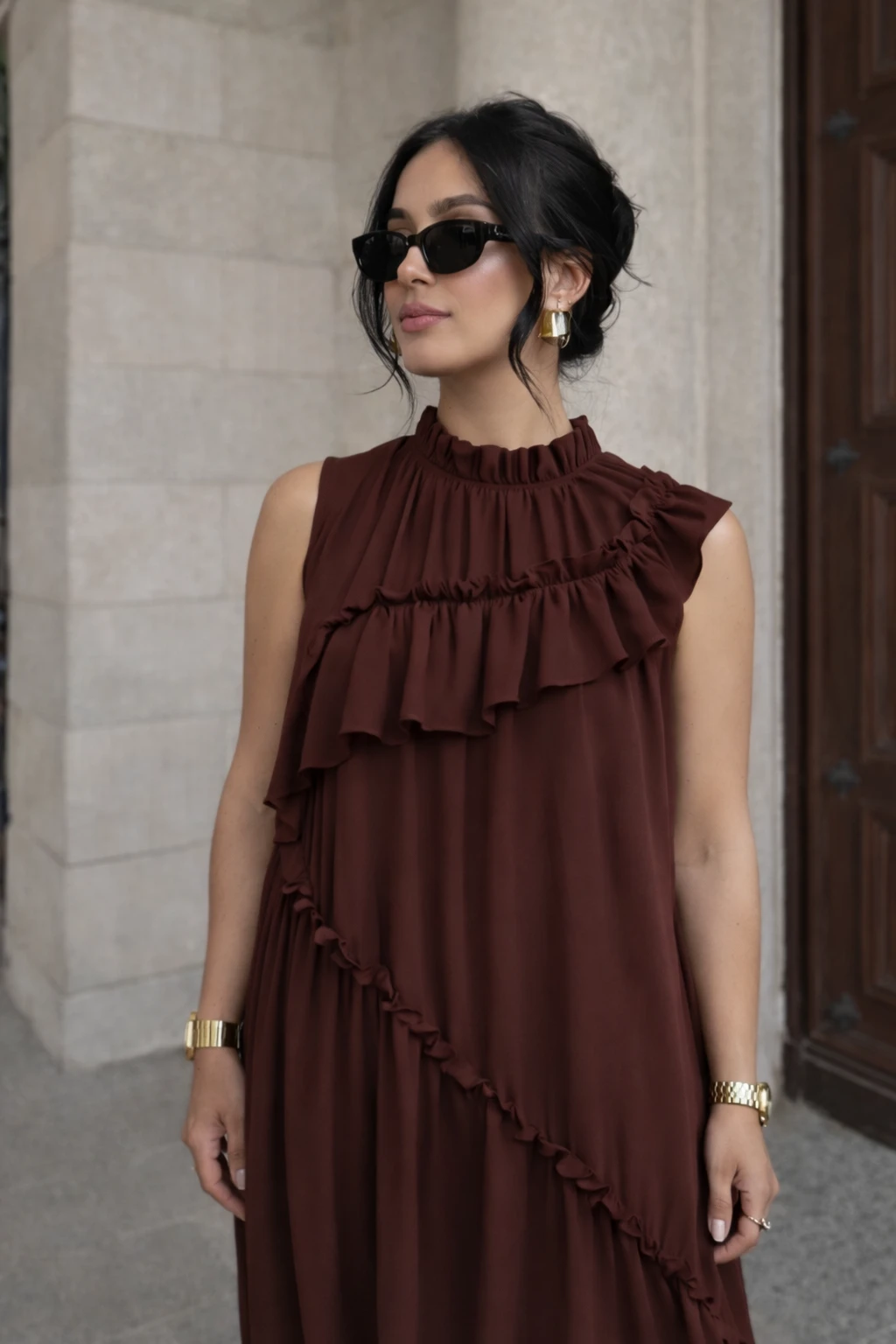 Robe longue fluide à volants - Marron - 2