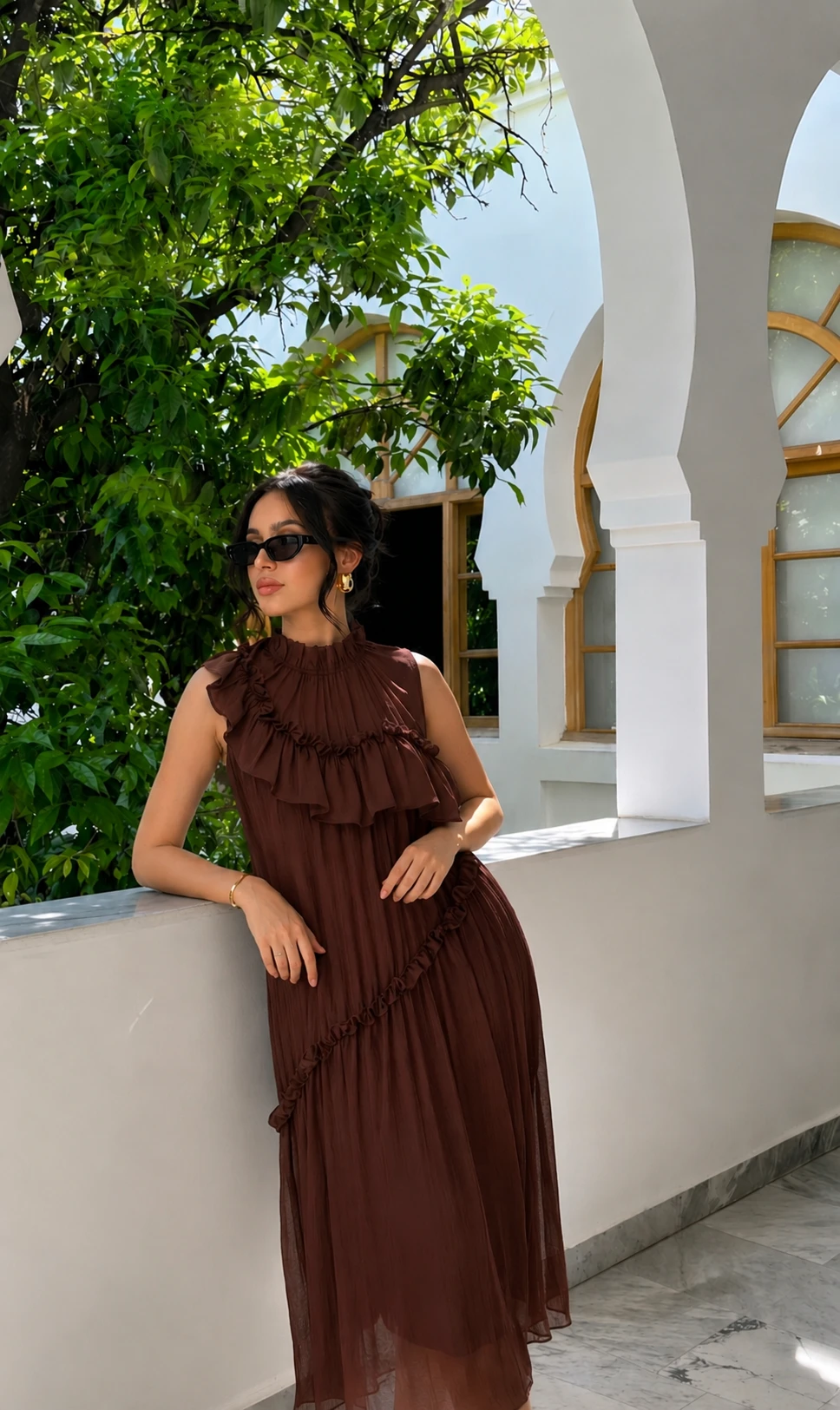 Robe longue fluide à volants - Marron