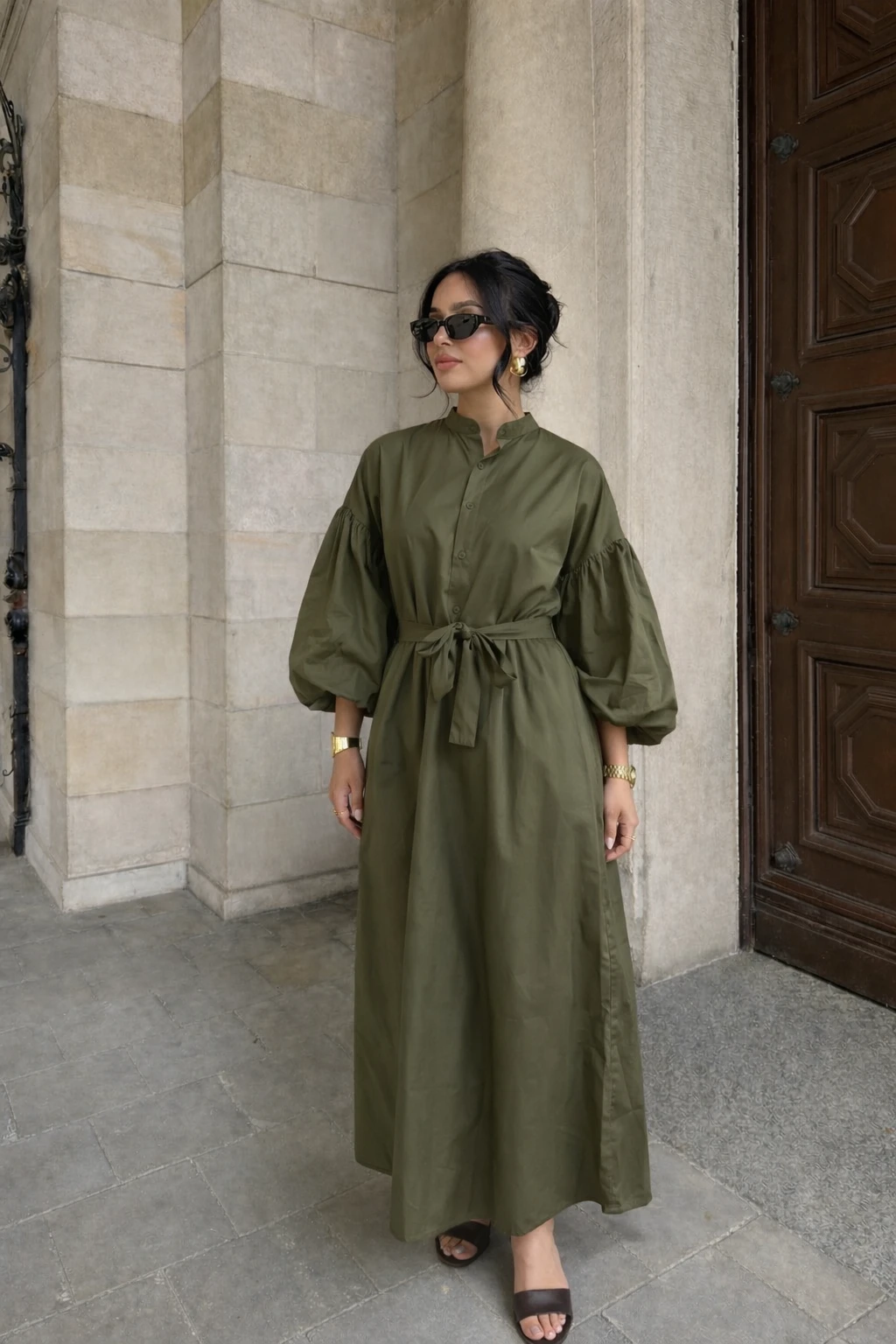 Robe longue manches bouffantes - Kaki