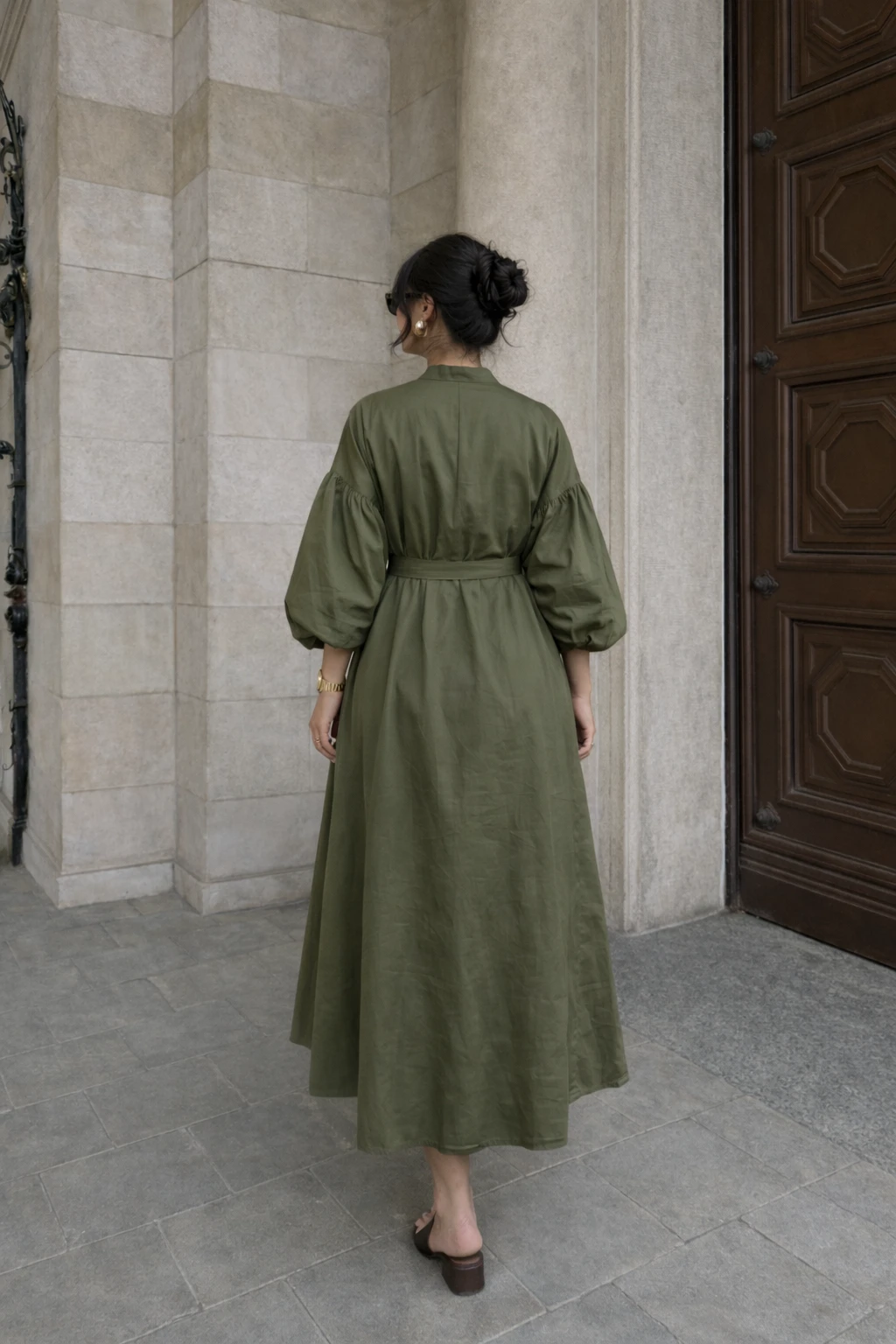 Robe longue manches bouffantes - Kaki — 4