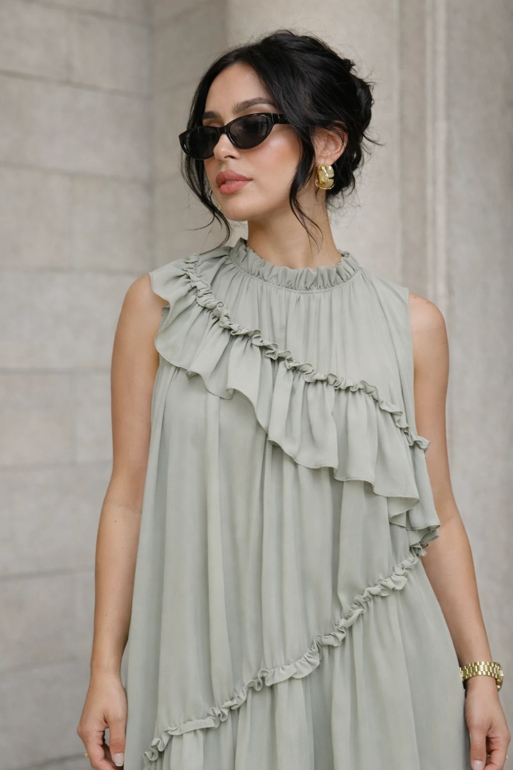 Robe longue fluide à volants - Tilleul - 2