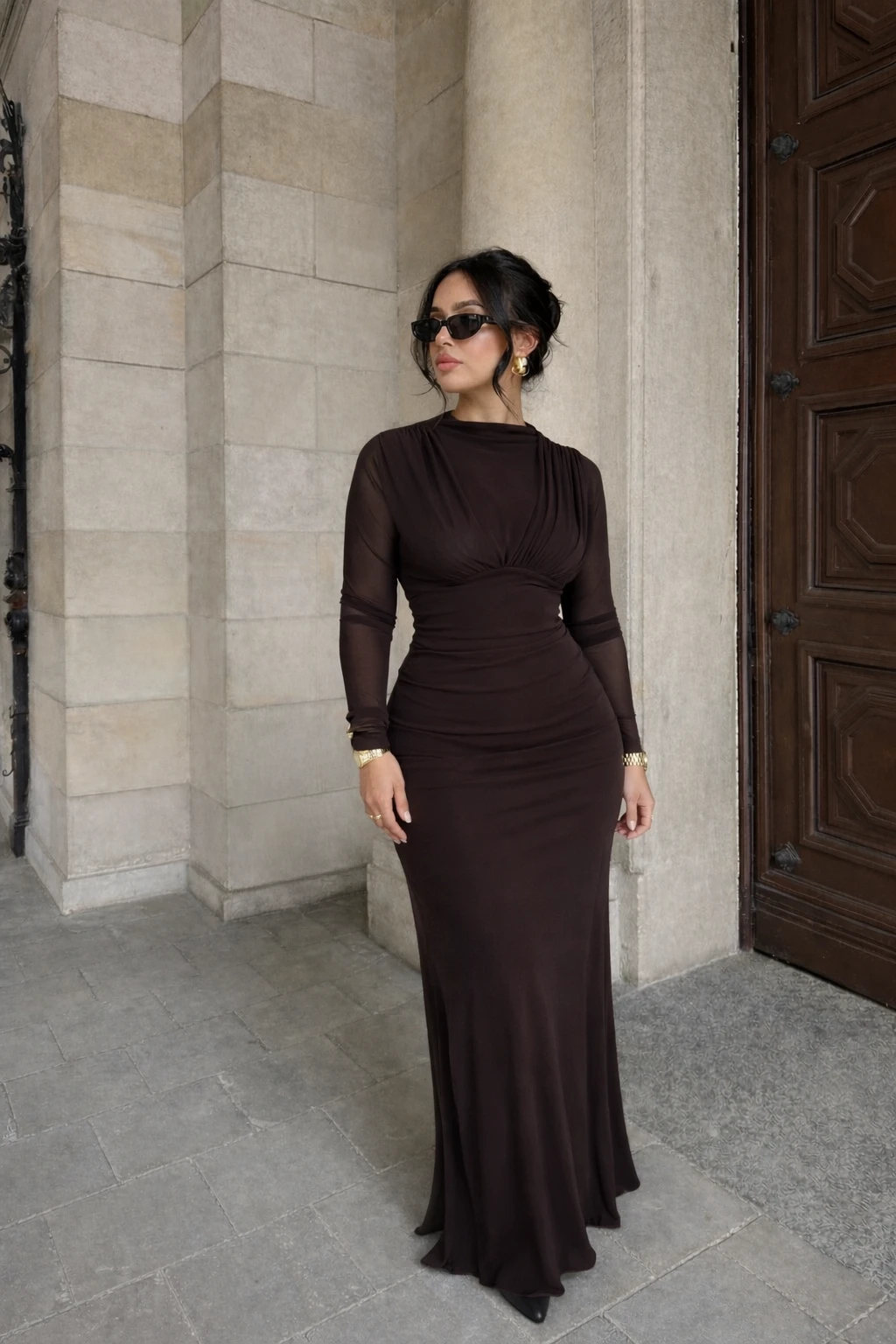 Robe longue moulante - Marron 