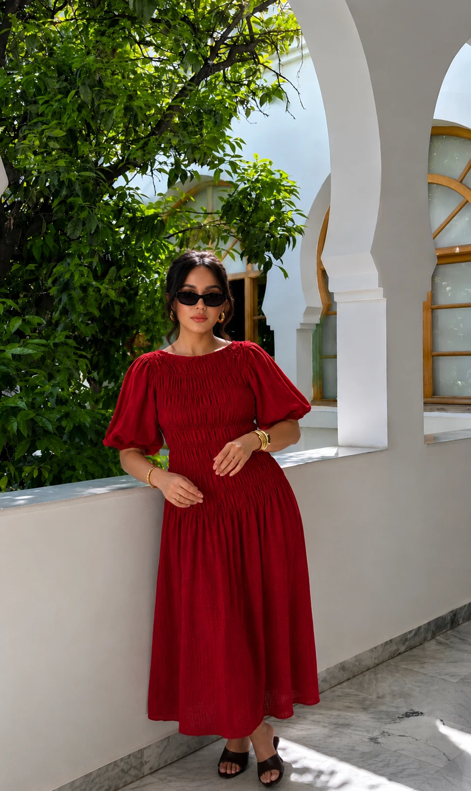 Robe smockée à manches bouffantes - Rouge — 3