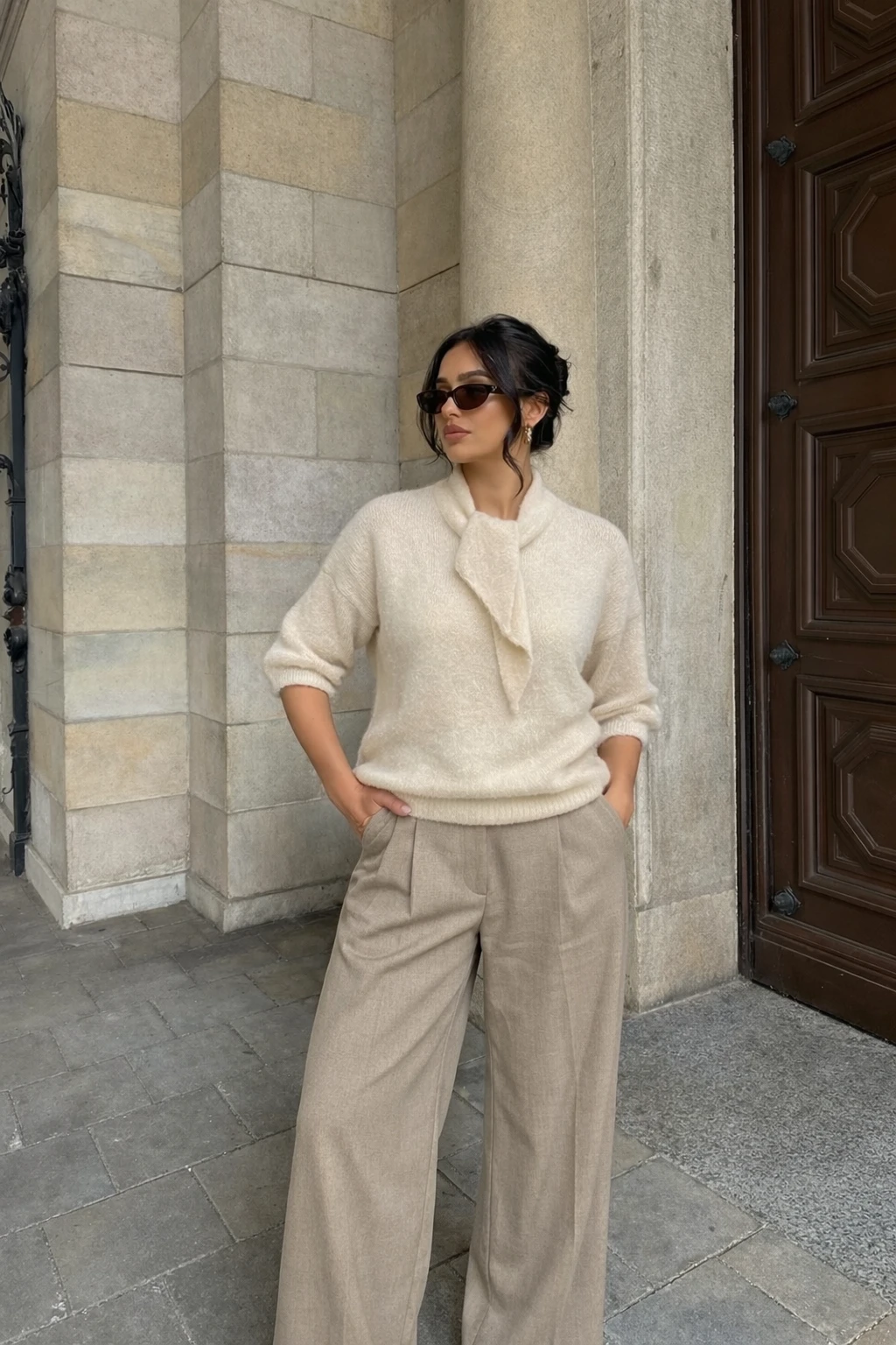 Pull col foulard-Crème 