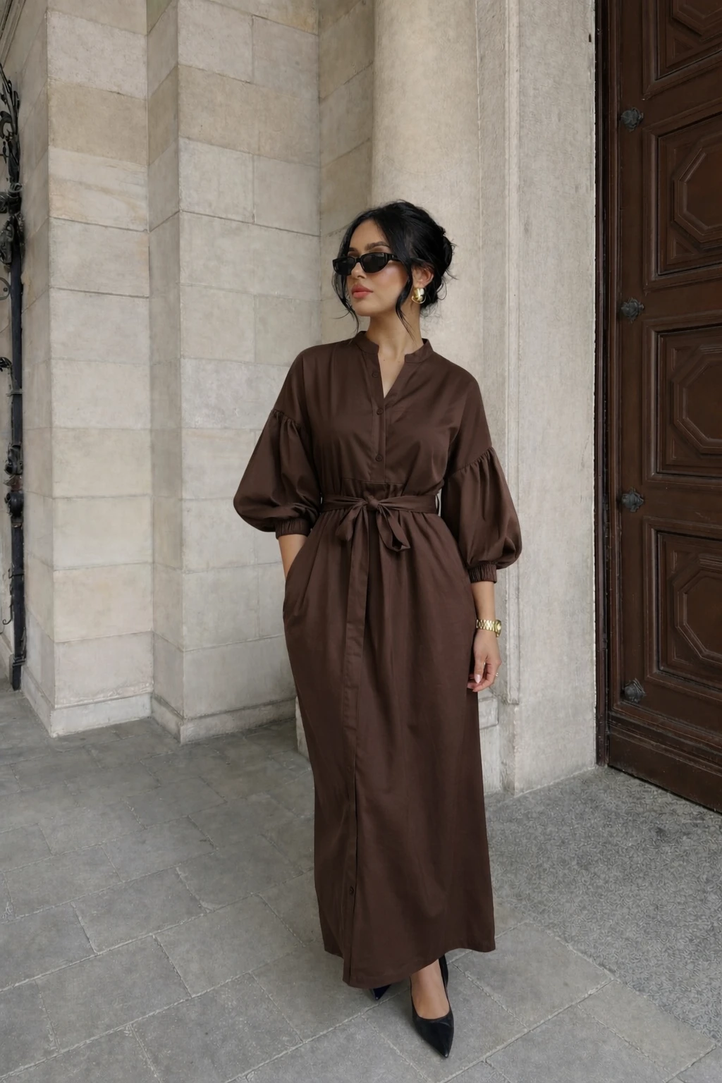 Robe longue manches bouffantes - Marron