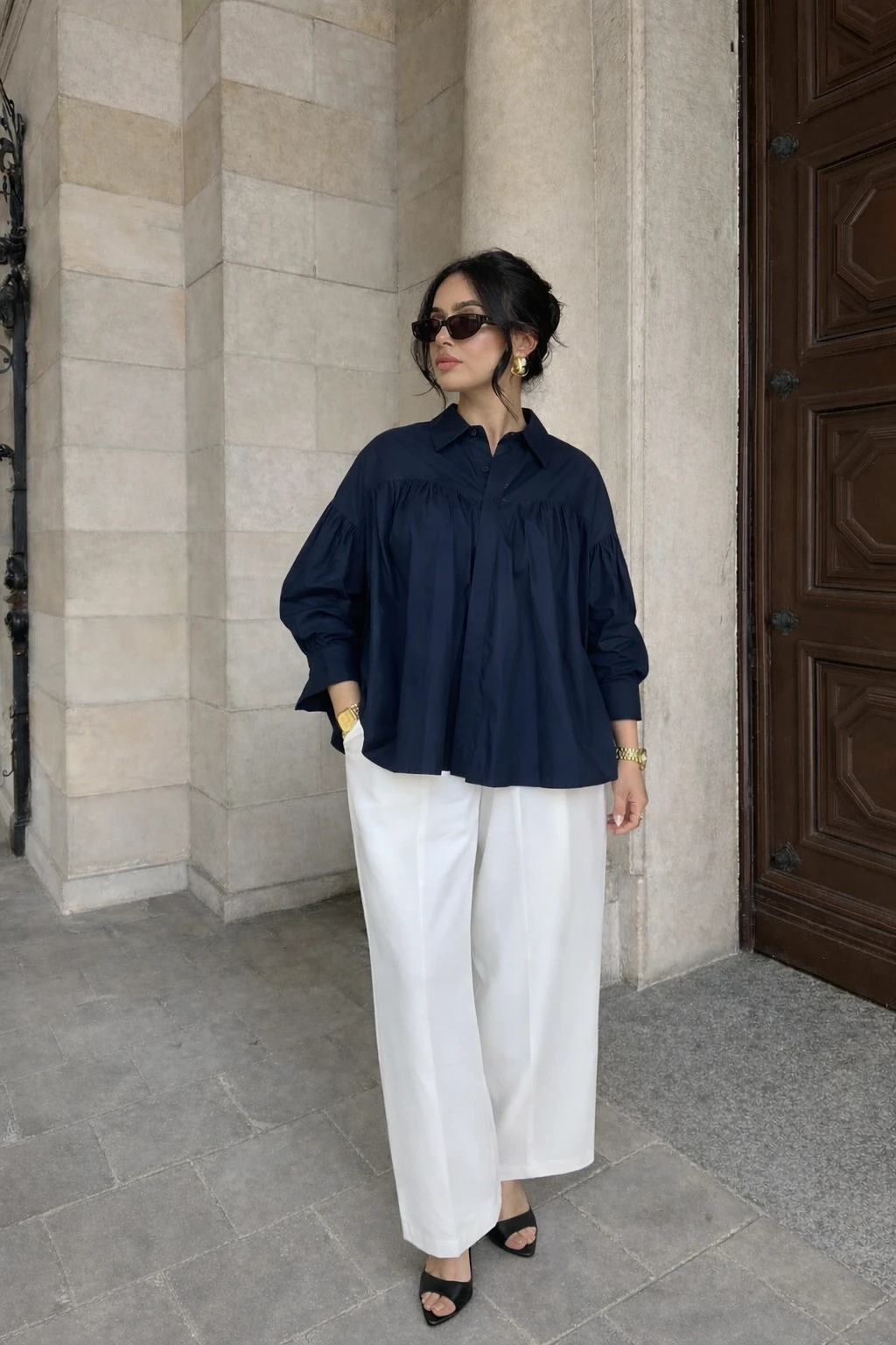 Chemise volant-Bleue marine
