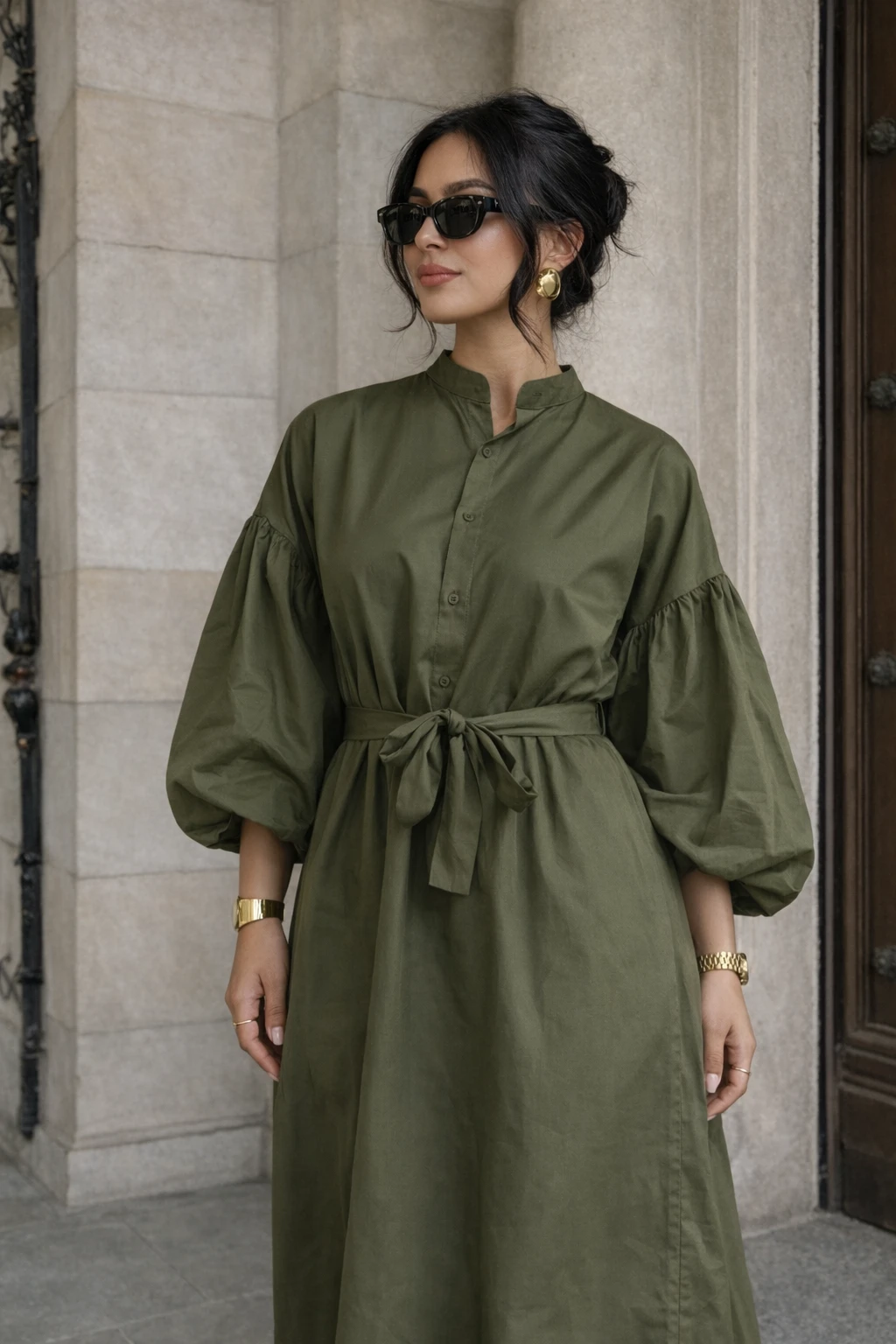 Robe longue manches bouffantes - Kaki - 2