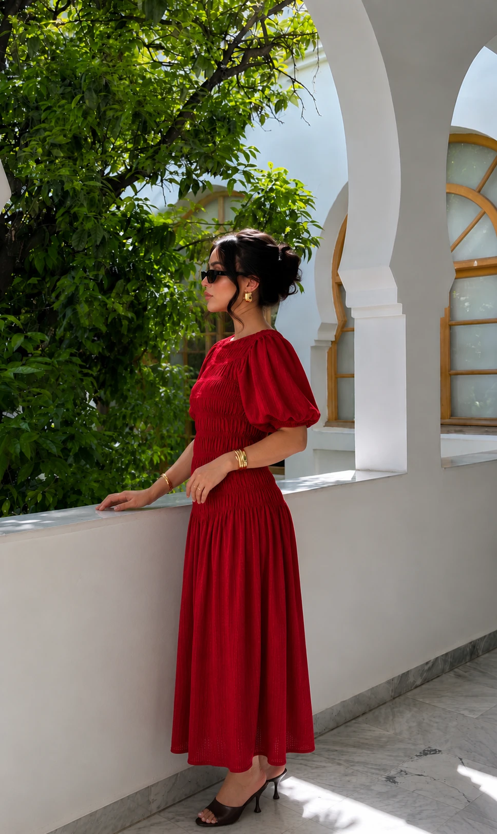 Robe smockée à manches bouffantes - Rouge — 5