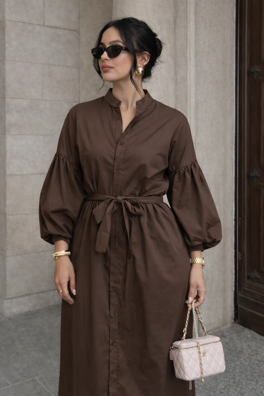 Robe longue manches bouffantes - Marron  — 3