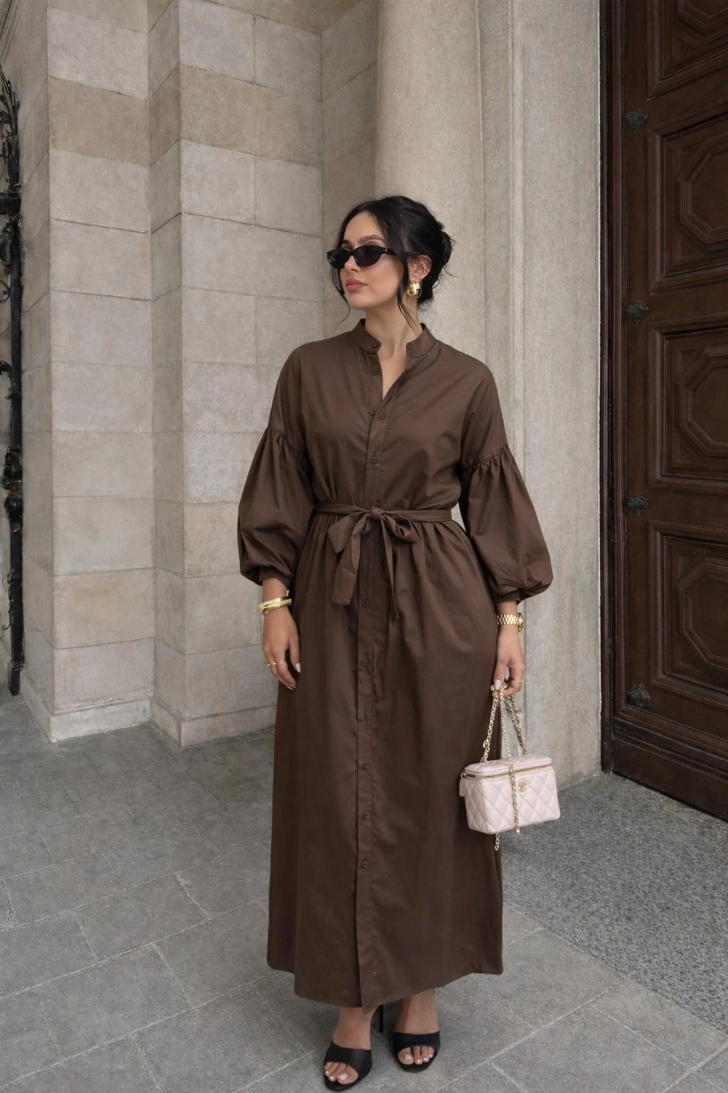 Robe longue manches bouffantes - Marron  — 4