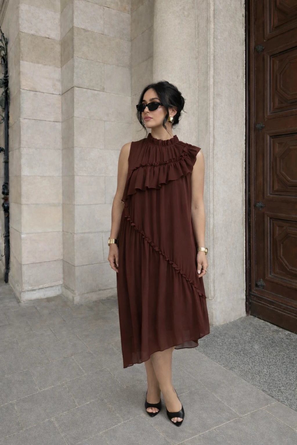 Robe longue fluide à volants - Marron