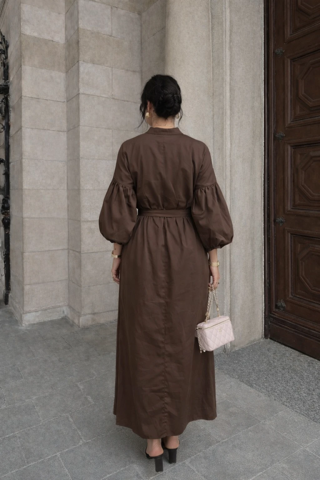 Robe longue manches bouffantes - Marron - 2