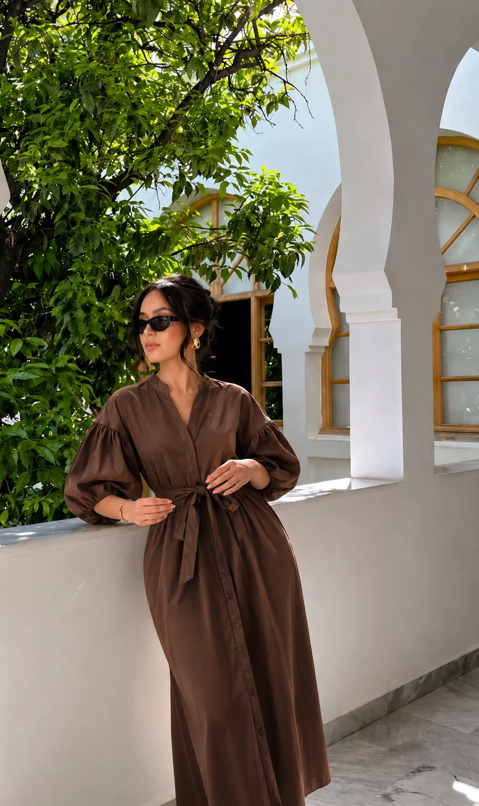 Robe longue manches bouffantes - Marron