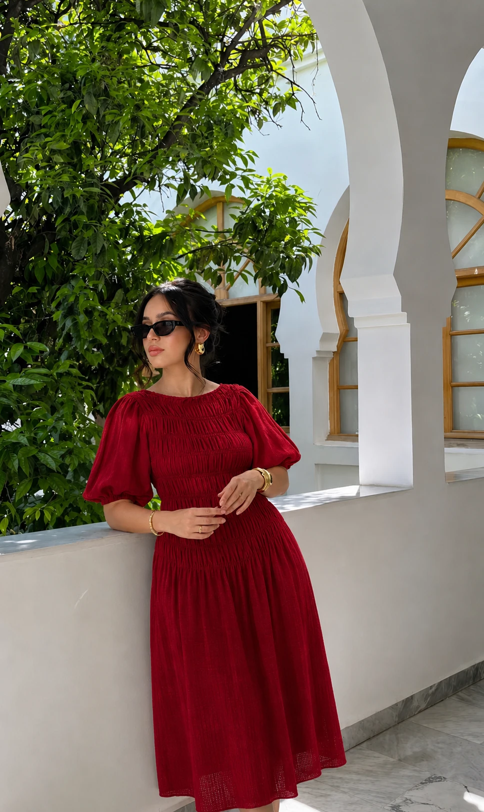 Robe smockée à manches bouffantes - Rouge 