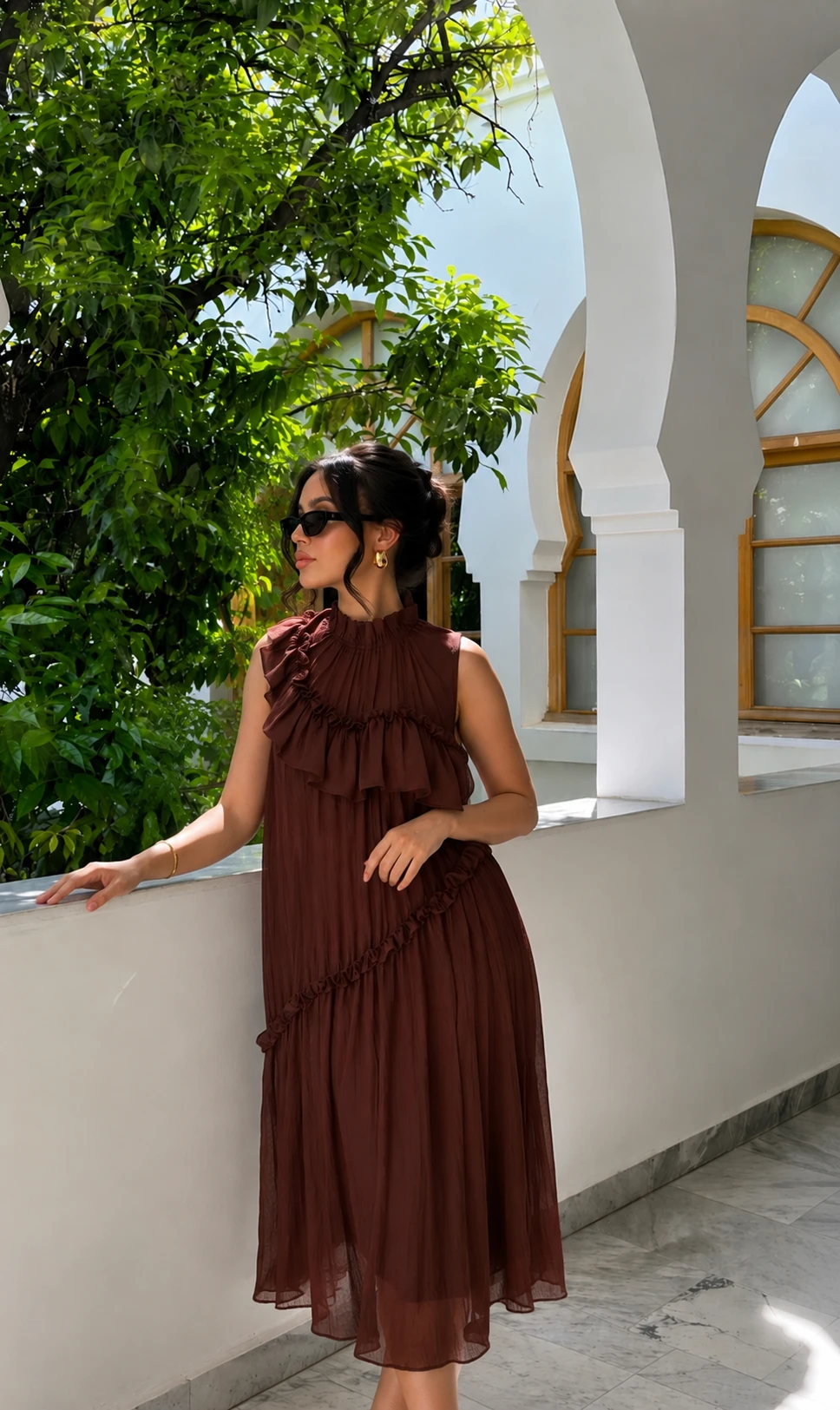 Robe longue fluide à volants - Marron - 2
