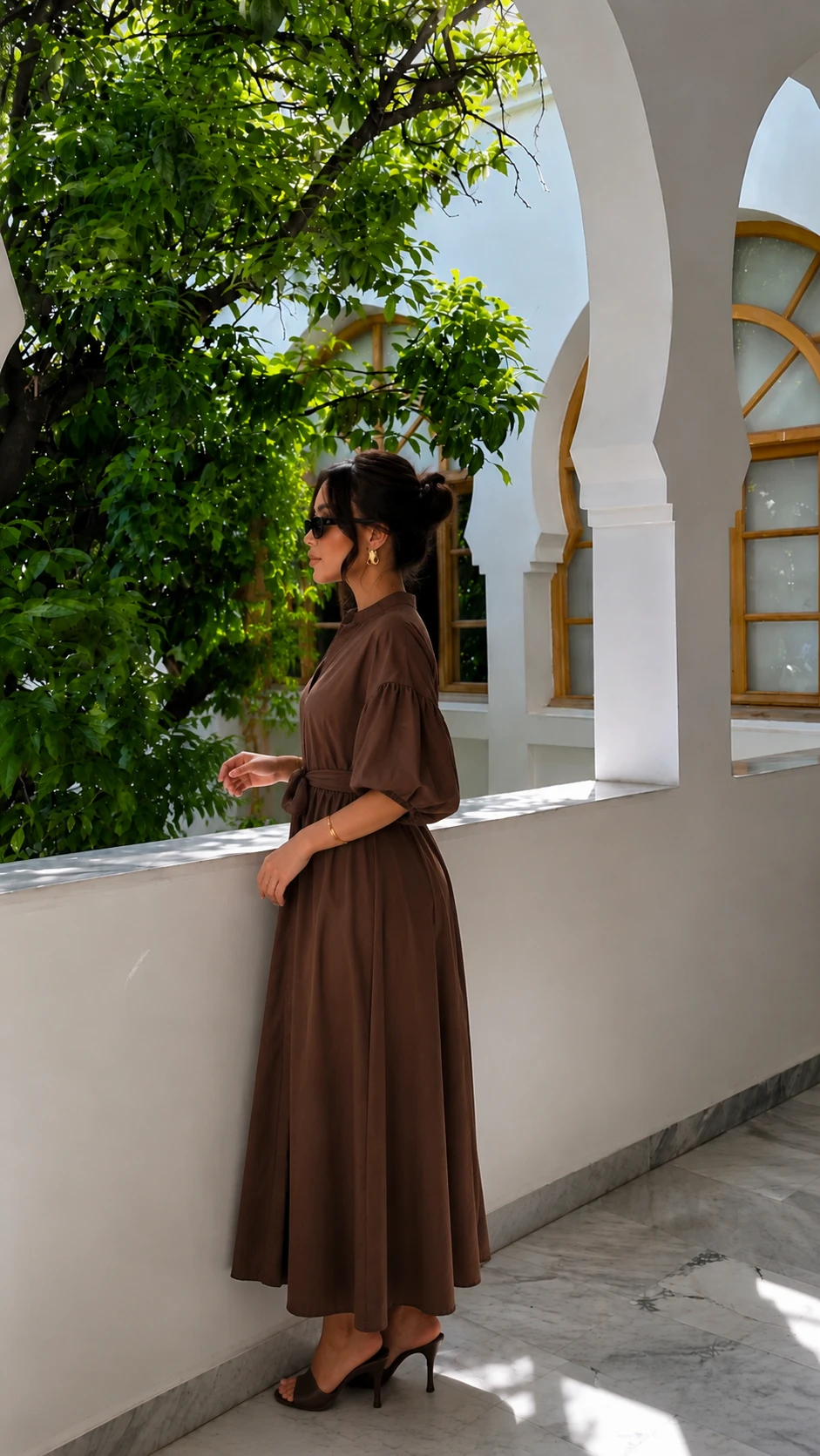 Robe longue manches bouffantes - Marron - 2