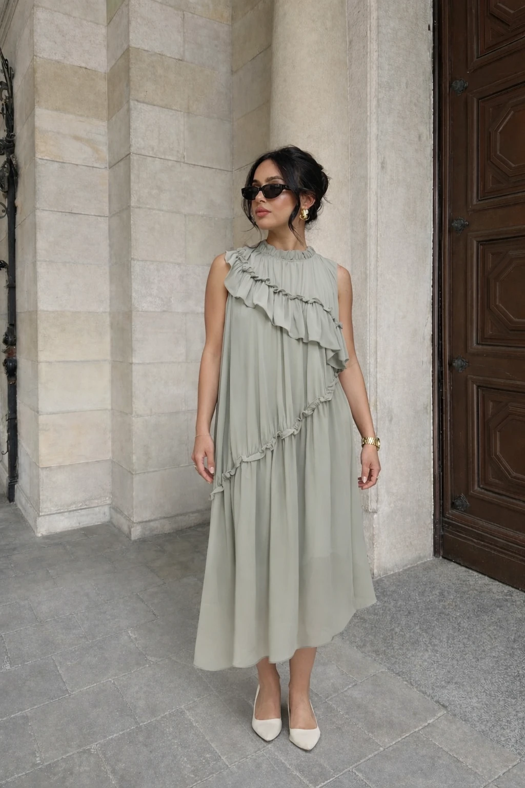 Robe longue fluide à volants - Tilleul